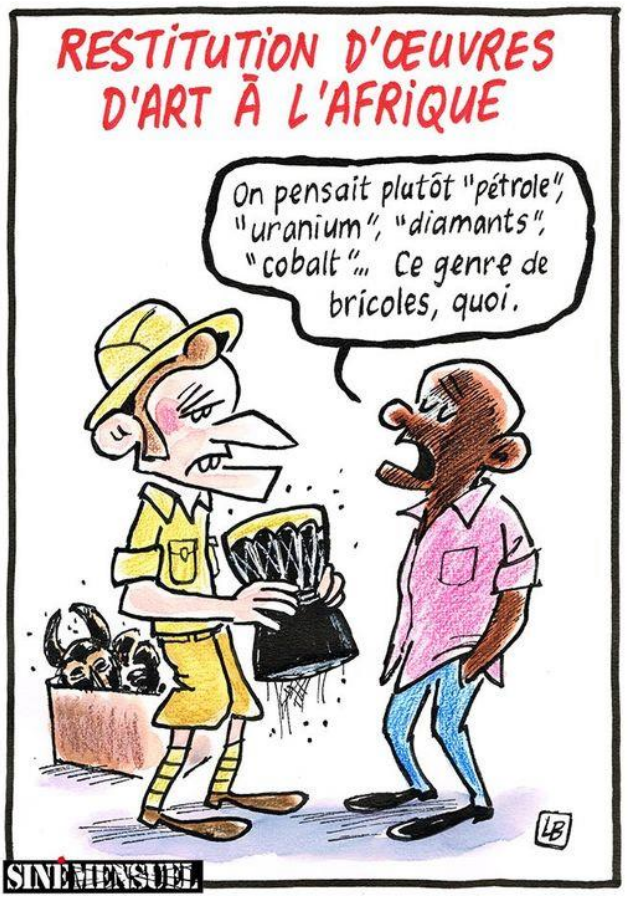 Cartoon: Mann in Safari übergibt afrikanische Maske an Mann, Sprechblase und Schriftzug zur Rückgabe von Kunst an Afrika